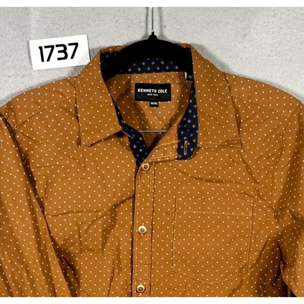 Kenneth Cole New York Shirt Boys‎ 14/16 Brown Polka Dot Pockets Casual Button Up